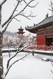 中式庭院厚厚积雪摄影照片