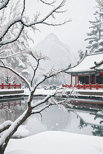中式庭院冬季户外雪景图2图片