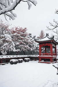 中式梅花摄影照片_中式庭院冬季户外雪景图7摄影配图