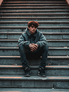 社会问题摄影照片_年轻人沮丧街头的水泥楼梯上
