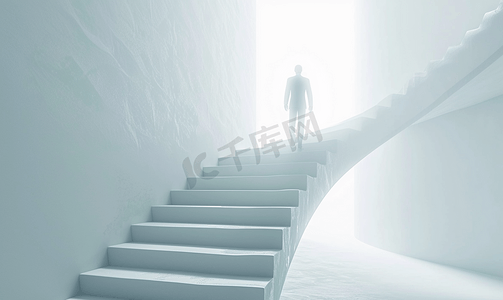 坚韧的意志摄影照片_一个人正在上楼去事业阶梯上取得成功的概念创意