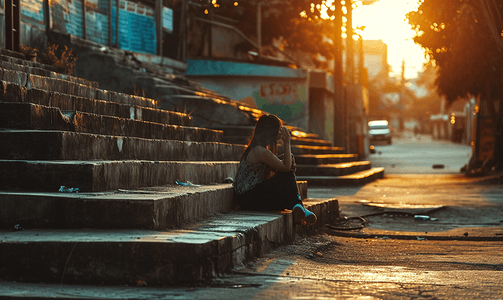 社会问题摄影照片_年轻人沮丧街头的水泥楼梯上