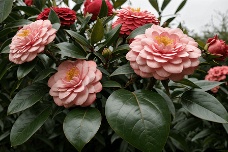 春天绿叶摄影照片_盛开的粉色山茶花摄影图7