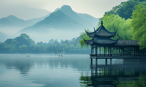 喜鹊中国画摄影照片_中国的西湖风景湖面湖水自然风景