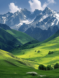 阿尔卑斯山鲜绿色的草地和白雪皑皑的山峰