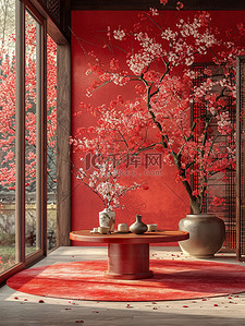 新春书法背景图片_红色圆桌中式客厅新春家居设计