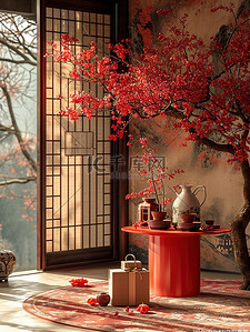 恭贺新春国潮背景图片_红色圆桌中式客厅新春家居背景
