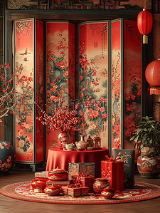 红色圆桌中式客厅新春家居图片