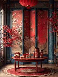 圆桌上摆花背景图片_红色圆桌中式客厅新春家居背景