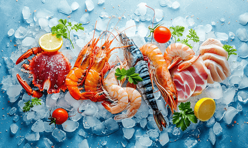 水产海鲜背景摄影照片_放在冰上的海鲜水产