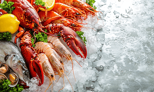 美食龙虾海报摄影照片_放在冰上的海鲜水产