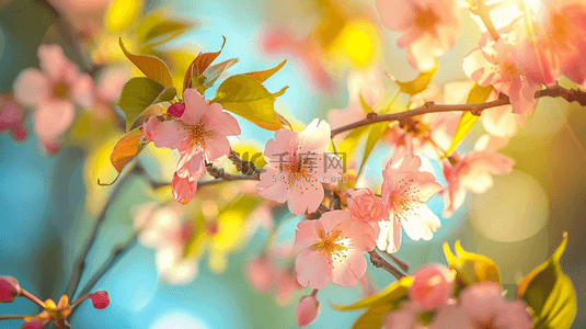 阳光意境背景图片_春天阳光下公园里树枝花朵开放的背景14