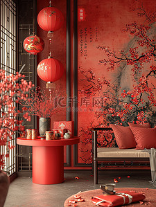 圆桌上摆花背景图片_红色圆桌中式客厅新春家居背景图