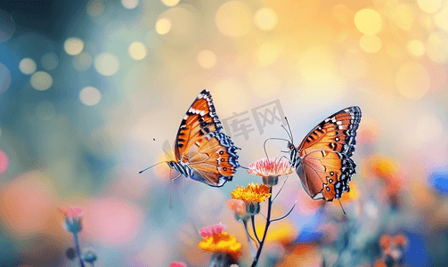 aigc花摄影照片_春天花丛中的两只蝴蝶