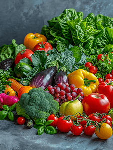 蔬菜水果蓝摄影照片_不同水果和蔬菜的蔬菜水果堆