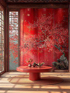 红色圆桌中式客厅新春家居背景图片