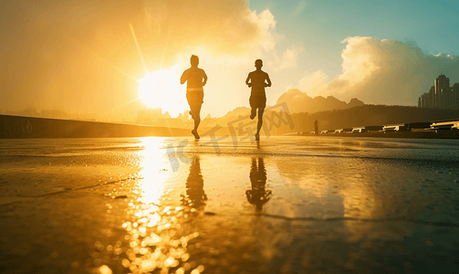 超级运动会运动会摄影照片_迎着阳光晨跑跑步的人锻炼运动