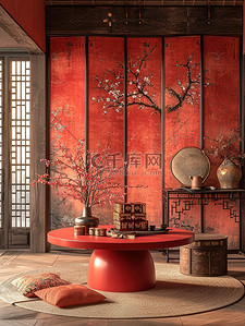 红色圆桌中式客厅新春家居背景