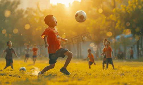 小学运动摄影照片_青年足球队玩足球游戏的年轻男孩