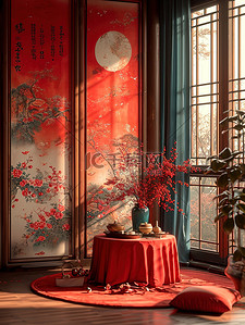 电家居背景图片_红色圆桌中式客厅新春家居背景图