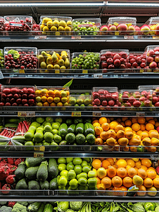水果超市摄影照片_水果和蔬菜是在超市的货架上