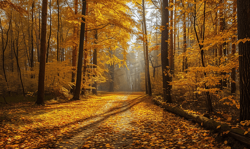 金秋10月摄影照片_阳光照耀下的金色秋天美丽的森林树木