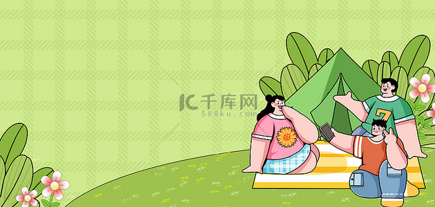 春季漫画背景图片_春季趣味野餐描边风踏青背景