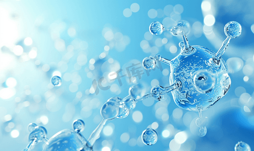 蓝色科技感标题框摄影照片_抽象分子设计清澈的蓝色水原子