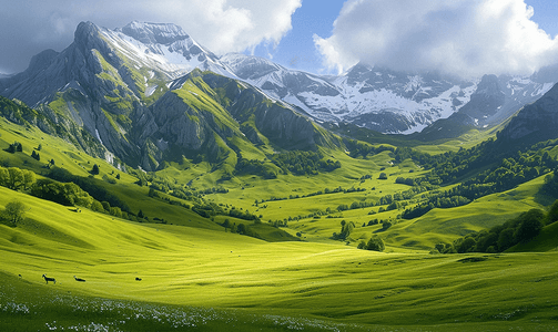 阿尔卑斯山鲜绿色的草地和白雪皑皑的山峰