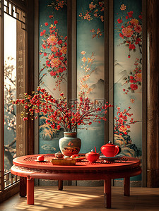 新春书法背景图片_红色圆桌中式客厅新春家居设计图