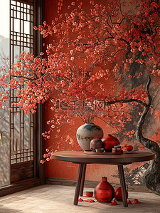 新春书法背景图片_红色圆桌中式客厅新春家居背景图片