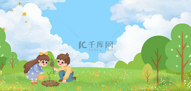 破土绽放的小草背景图片_植树节男孩女孩卡通种树背景素材