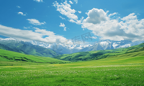 绿色山峰摄影照片_阿尔卑斯山鲜绿色的草地和白雪皑皑的山峰