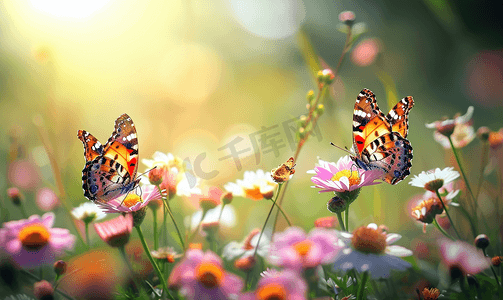 春夏甜品背景摄影照片_春天花丛中的两只蝴蝶