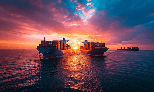 国际环境摄影照片_夕阳物流国际集装箱船舶货物货机