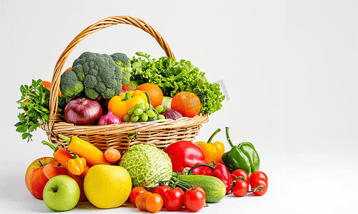 绿色果蔬摄影照片_蔬菜水果篮子瓜果水果蔬菜篮子堆