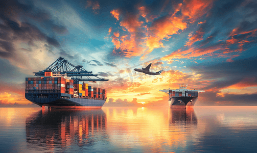 全球链条摄影照片_黄昏的天空物流国际集装箱船舶货物货机