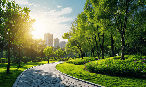 春天背景素材摄影照片_阳光下的城市公园美景