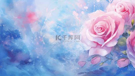 玫瑰情人节背景图片_清新春天蓝粉色水粉质感玫瑰底纹设计