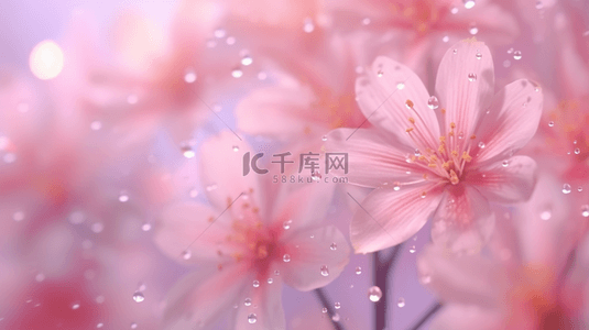 浅景深虚化春天粉色桃花雨珠背景图片