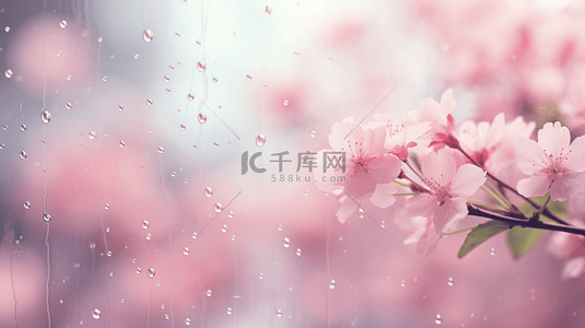 雨珠椰子背景图片_春天春季浅景深虚化春天粉色桃花雨珠背景