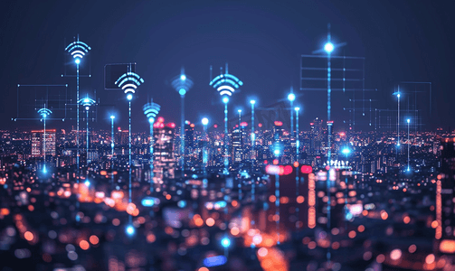 物联网科技线摄影照片_科技城市背景的5G网络无线通信技术网络连接智能城市