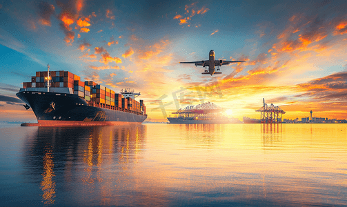 航海贸易摄影照片_黄昏的天空物流国际集装箱船舶货物货机
