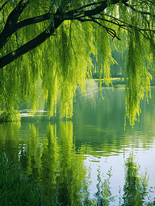 春天湖畔垂柳柳树