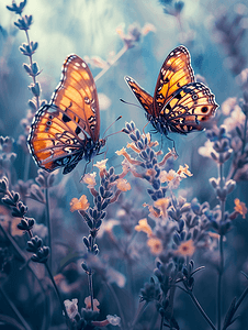 唯美树木卡通插画摄影照片_春天花丛中的两只蝴蝶