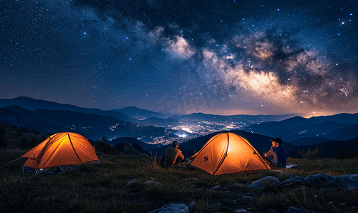 x展架橙色摄影照片_四名徒步旅行者坐在两个橙色帐篷营地星空银河
