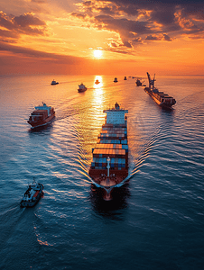 国际摄影照片_夕阳物流国际集装箱船舶货物货机