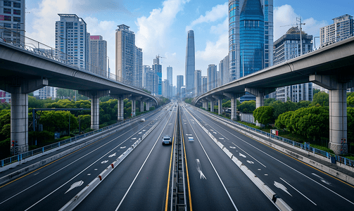 道路蓝色摄影照片_上海高架的路中交通运输