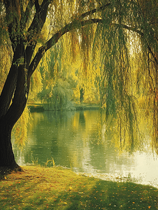 柳树风景摄影照片_春天湖畔垂柳柳树