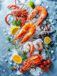 美食龙虾海报摄影照片_放在冰上的海鲜水产
